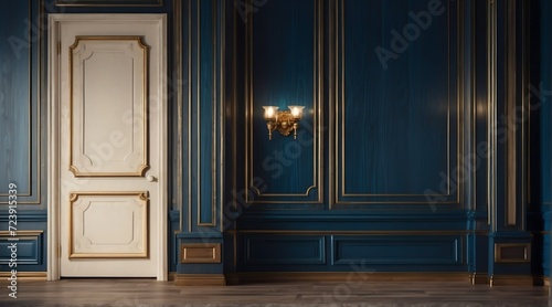 Close up of vintage classic blue wall panel molding and shiny wooden floor from Generative AI