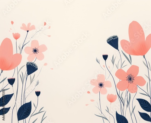 Floral wedding invitation. Wedding invitation greeting cards elegant vintage style. Wedding invitation card features pink flowers and green leaves.