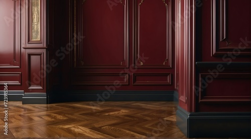 Close up of vintage classic burgundy red wall panel molding and shiny wooden floor from Generative AI