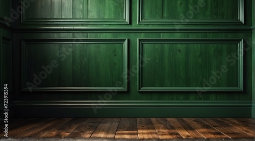 Close up of vintage classic green wall panel molding and shiny wooden floor from Generative AI