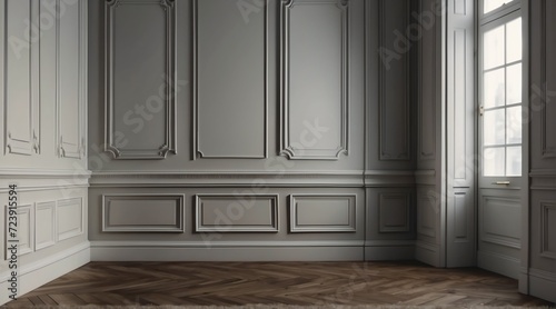 Close up of vintage classic white wall panel molding and shiny wooden floor from Generative AI