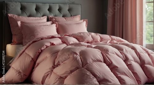 Folded pink duvet comforter on a bed with pillows from Generative AI