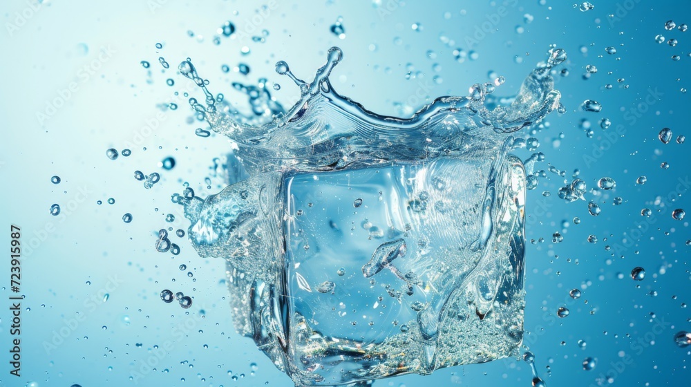 Clear water splash in form of cube. Transparent liquid on blue background Clear water splash in form of cube. Transparent liquid on blue background