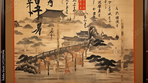 Ancient Japanese Temple Scroll Semi-E Sepia Tone photo