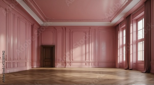 Modern symmetrical classic pink empty interior with wall panels molding and shiny wooden floor from Generative AI