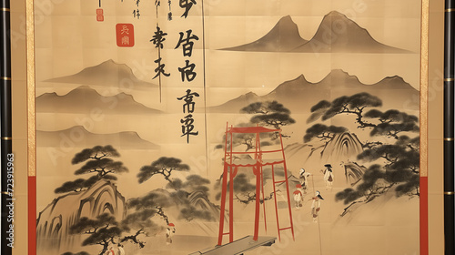 Ancient Japanese Temple Scroll Semi-E Sepia Tone