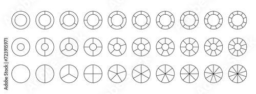 Pie chart circle outline template PNG. Diagram structure divided from 1 to 12 into pieces. Segmented circles set isolated.