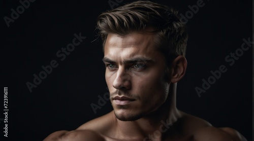 Portrait of a muscled toned handsome young male model on plain black background from Generative AI