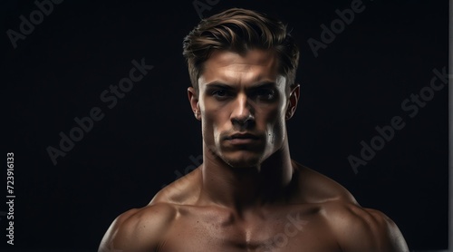 Portrait of a muscled toned handsome young male model on plain black background from Generative AI