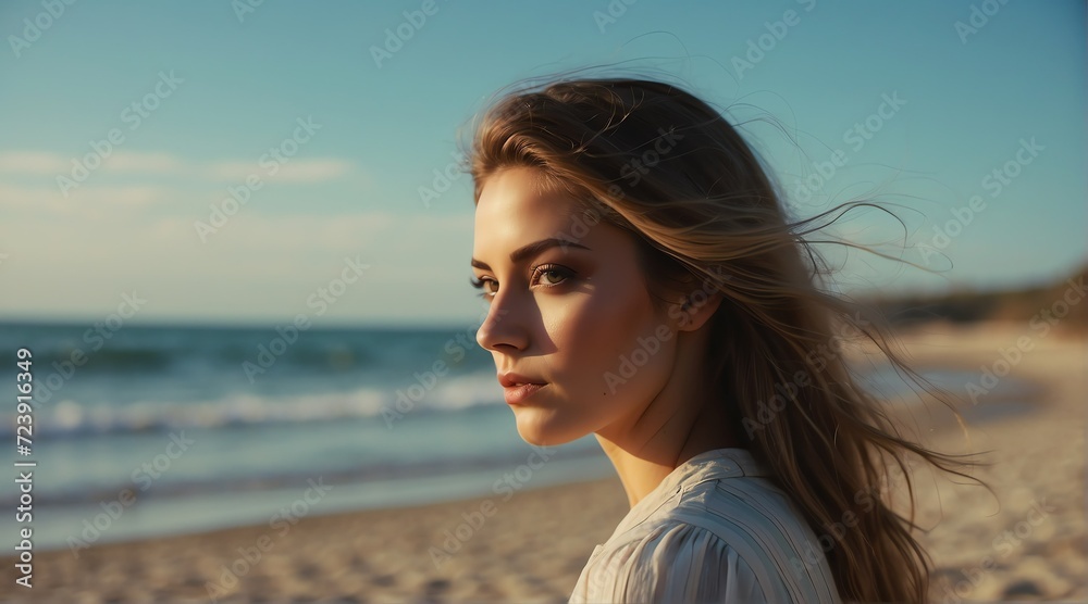 Toned young beautiful woman at the beach background from Generative AI