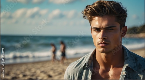 Toned young handsome man at the beach background from Generative AI