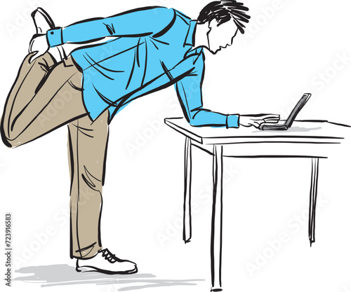 bUSINESS man working and stretching in front of a laptop computer vector illustration