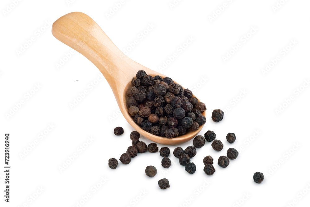 Wooden spoon with black pepper and peppercorns isolated on a white background. Spices for cooking, close up Wooden spoon with black pepper and peppercorns isolated on a white background. Spices for cooking, close up