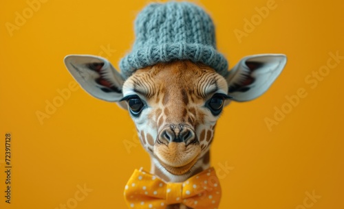  giraffe with bow tie and hat, suitable for greeting cards or invitations. © Denis