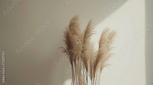 a vase of pampas grass against a white wall, in the style of muted, earthy tones, furry art, dreamy romanticism, light brown, rough clusters, sabattier filter, bec winnel  photo
