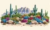   retro gorgeous desert scene with comic style  cactus and succulents isolated on white background