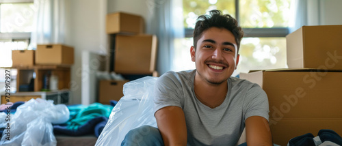 A young man smiling among moving boxes, capturing the excitement of a new home photo