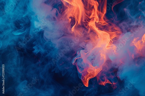 Generative AI illustration of abstract heavy smoke with burning fire flames on blue background
