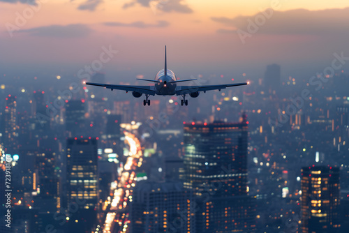 Airplane flying over the city in the evening. Travel concept