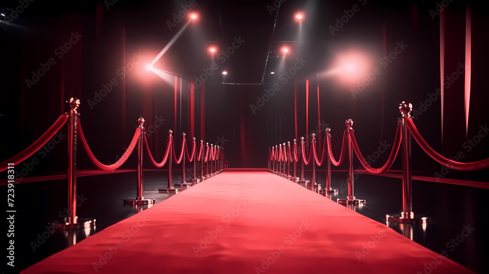 Red carpet staircase with smoke and spotlights, holiday awards ceremony event Red carpet staircase with smoke and spotlights, holiday awards ceremony event