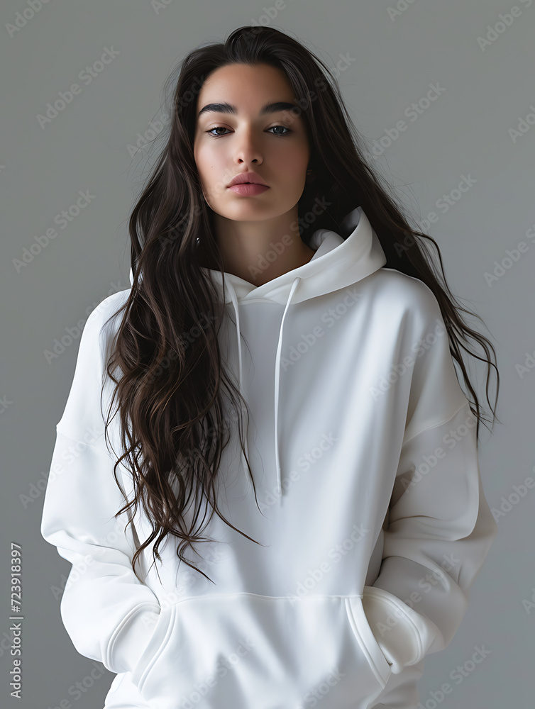 custom made wallpaper toronto digitalA woman with a hoodie and long loose hair is staring blankly down at the camera. Realistic 3d mockup of a white hoodie isolated in a grey room. Created with Generative AI.