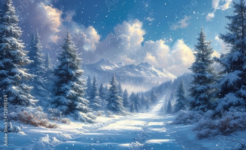 winter forest scene with snow-covered trees