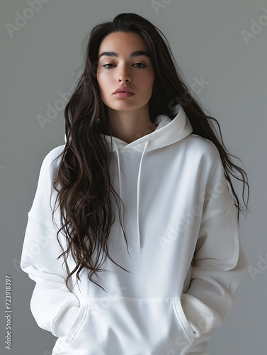 Wallpaper Mural A woman with a hoodie and long loose hair is staring blankly down at the camera. Realistic 3d mockup of a white hoodie isolated in a grey room. Created with Generative AI. Torontodigital.ca