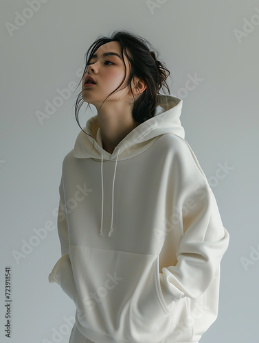 Wallpaper Mural A woman with long black hair tied up is putting her hands into the hoodie she is wearing. Realistic 3d mockup of a cream-coloured hoodie isolated on a grey background. Created with Generative AI. Torontodigital.ca