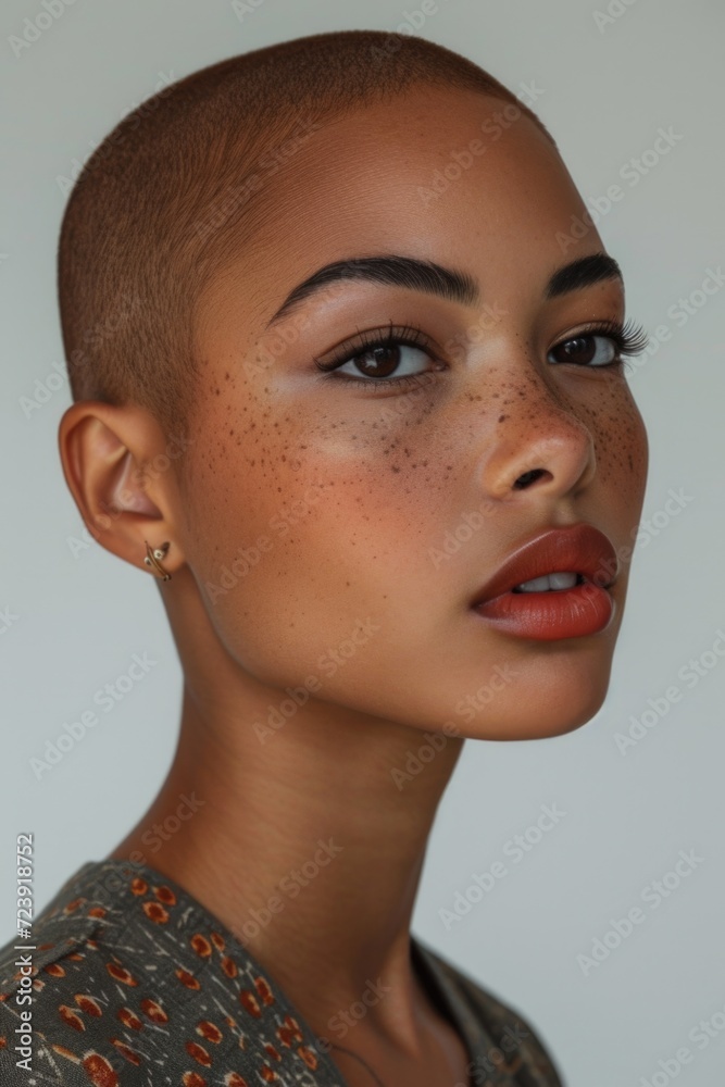 young and beautiful woman on a white background, bald head without hair, magazine cover young and beautiful woman on a white background, bald head without hair, magazine cover