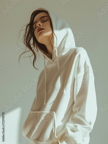 Wallpaper Mural A female model posing looking at the camera with her hair coming out of the hoodie. Realistic 3d mockup of a cream-coloured hoodie isolated on a grey background. Created with Generative AI. Torontodigital.ca