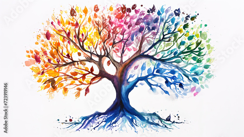 colorful Yggdrasil tree of life with colorful leaves and branches, watercolor tree 