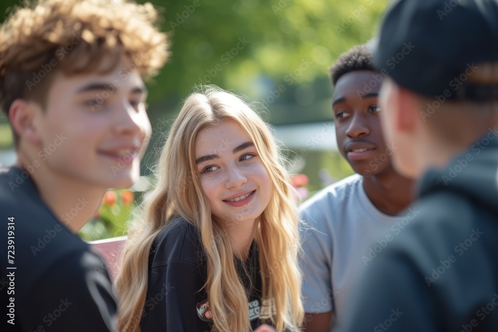 Four teenagers are sitting on a bench and talking happily Four teenagers are sitting on a bench and talking happily