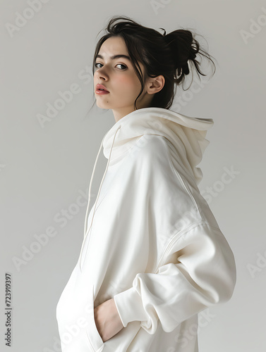 Wallpaper Mural A female model with long hair tied up in a hoodie poses facing sideways and looking at the camera. Cream-colored realistic hoodie 3d mockup isolated on a grey background. Created with Generative AI. Torontodigital.ca