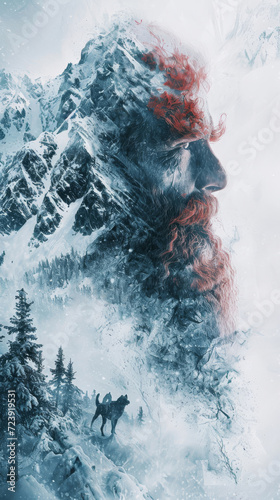 Generative AI image of double exposure red bearded man, winter wasteland, snow, vast mountains, wolves, snow forest trees, its all in your mind © Eitan Baron