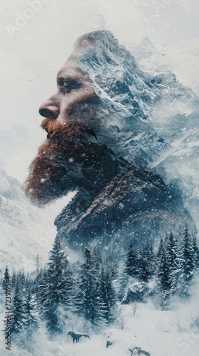 Generative AI image of double exposure red bearded man, winter wasteland, snow, vast mountains, wolves, snow forest trees, its all in your mind