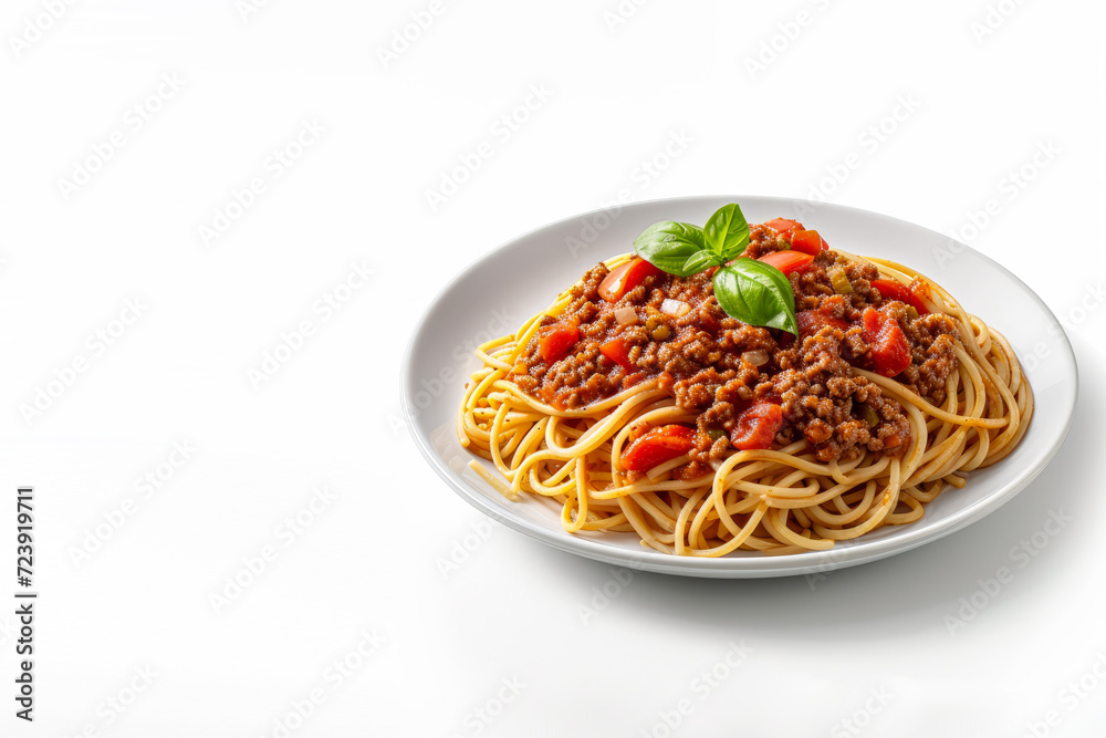 Spaghetti Bolognese, close up. White background, side view. Spaghetti Bolognese, close up. White background, side view.