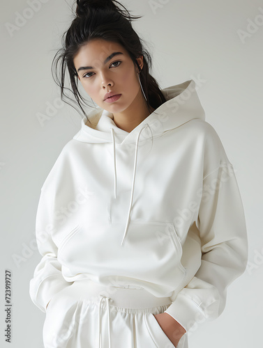 Wallpaper Mural A charming woman with black hair tied up wearing a hoodie, a realistic hoodie 3d mockup in white isolated in a grey room. Created with Generative AI. Torontodigital.ca