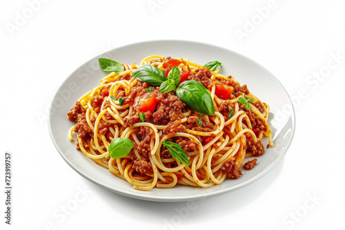 Spaghetti Bolognese, close up. White background, side view. Pasta Bolognese.