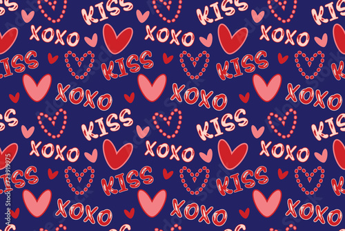 Cute red pink hearts words xoxo kiss seamless pattern lovely romantic Blue background Valentine's Day textiles fabric wallpaper wrapping paper wallpaper polygraphy Repeating design Fabric print Cute