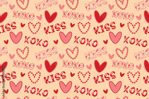 Cute red pink hearts words xoxo kiss seamless pattern lovely romantic Pastel background Valentine's Day textiles fabric wallpaper wrapping paper wallpaper polygraphy Repeating design Fabric print Joy