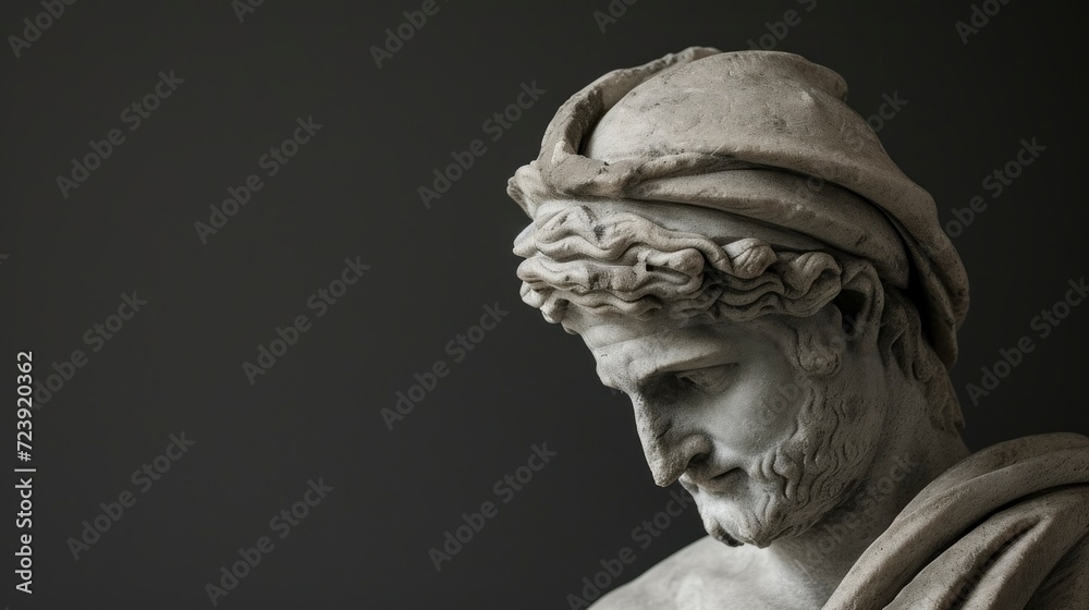 beautiful plaster sculpture from Greece of a face of a man with a Roman style beard, empire. statue concept
