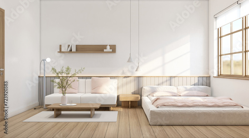 Modern japan style tiny room decorated with minimalist sofa and white bed  white wall and gray slat wall  wood floor and window. 3d rendering