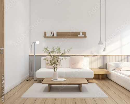 Modern japan style tiny room decorated with minimalist sofa and coffee table  white wall and gray slat wall. 3d rendering