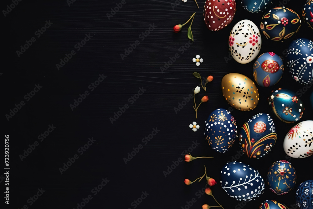Festive Easter background with colored eggs on a dark brown wooden table.