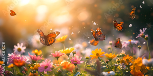 Butterflies flying over flowers in the morning light. Nature background