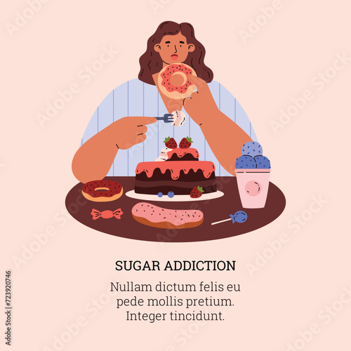 Lady devouring bakery sweets, donut, chocolate cake and desserts, eating disorder, Sugar addiction vector cartoon poster