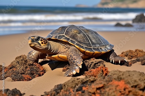 Sea Turtle on Sunlit Sandy Beach.