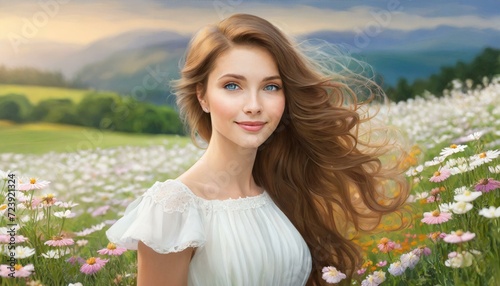 Portrait einer schönen Frau mit langen, lockigen Haaren in einer Blumenwiese und Bergen im Hintergrund. Ai. Urlaub. Landschaft. photo