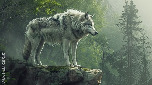n the dense forest, a majestic grey wolf stood on a rocky ledge, its piercing eyes gazing into the distance, diamond wire photography, manga, 