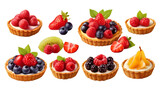 Tartlets with a set of fresh fruits and berries on a transparent background.
